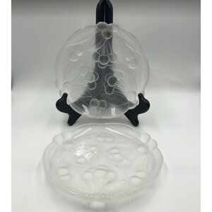 Vintage Frosted Glass Salad Plates Dinnerware Fruit Design Set of 2 Scalloped